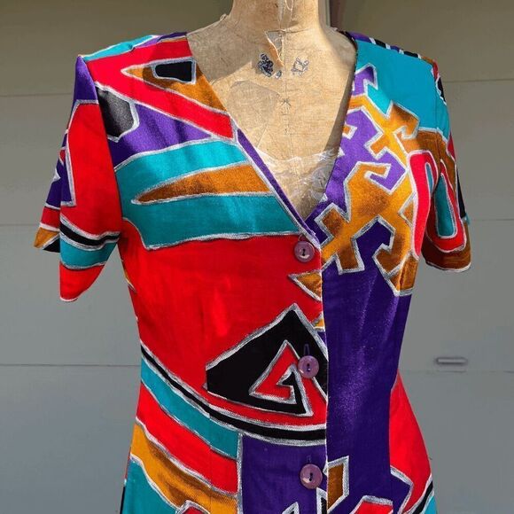 Vintage 80s Dawn Joy Abstract Print Midi Dress - Vibrant Rayon Statement Piece - Picture 7 of 8